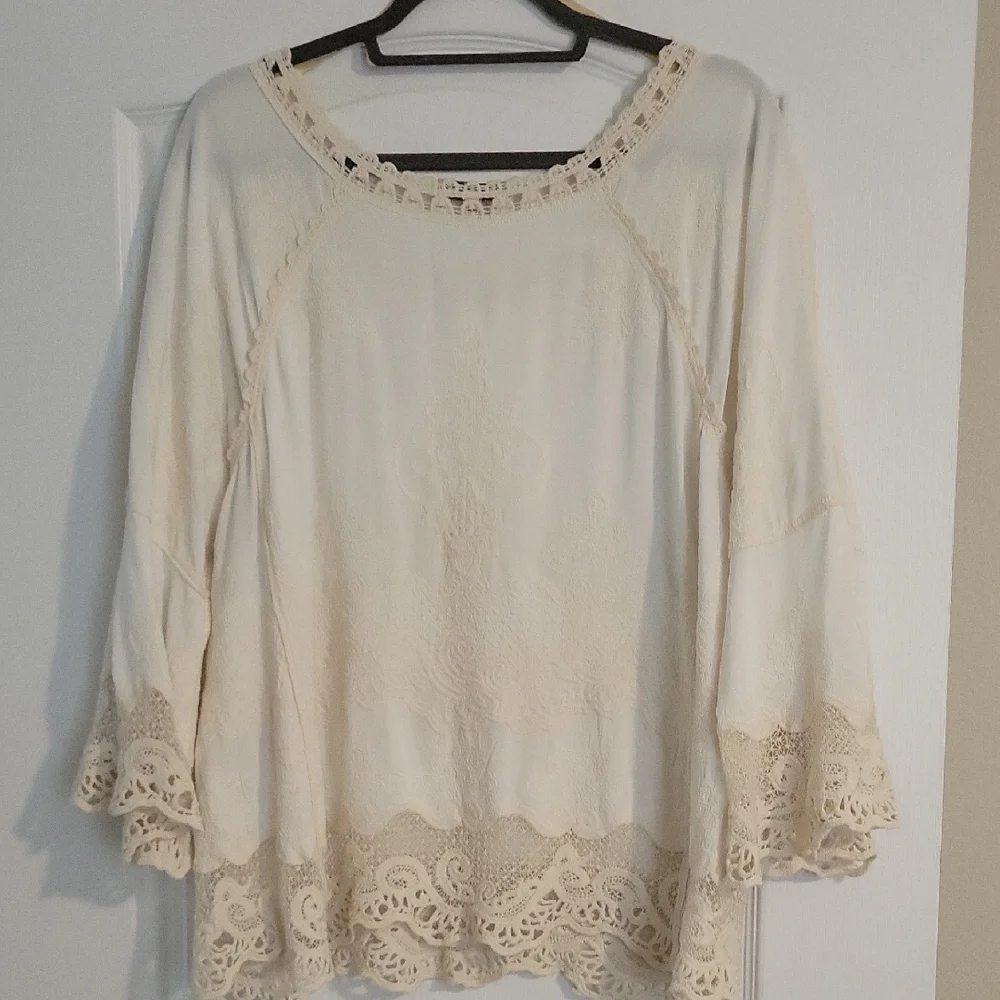 Democracy Cream Lace Trim Boho Blouse Size L Crochet Detail - Picture 10 of 12